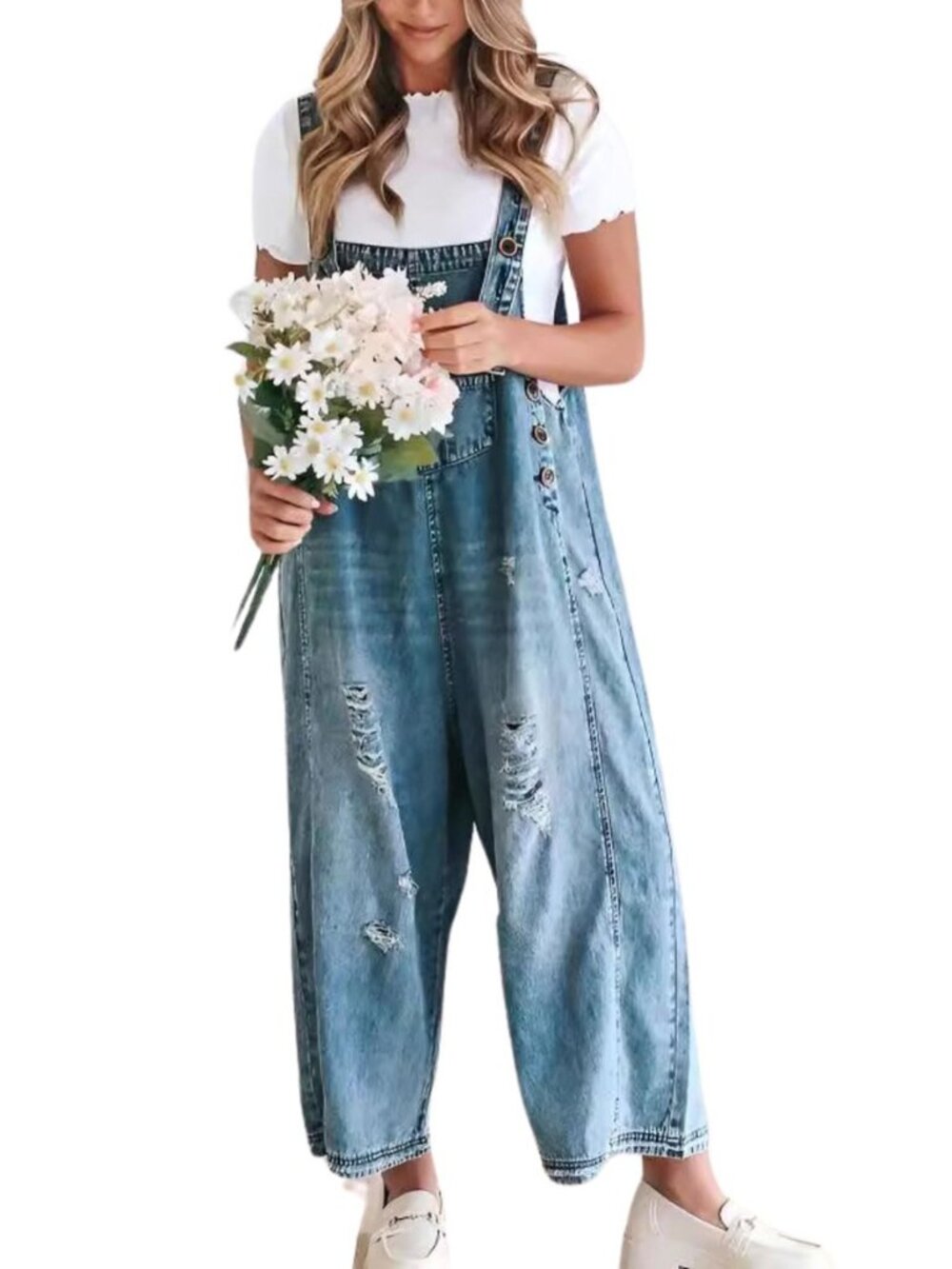 Women Loose Adjustable Strap Denim Bib Overall Jeans Distressed Wide Leg Baggy